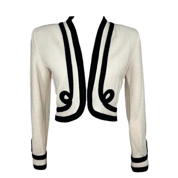 St. John Cropped Knit Blazer Open Front Cream & Black Size 4 - Picture 3 of 10